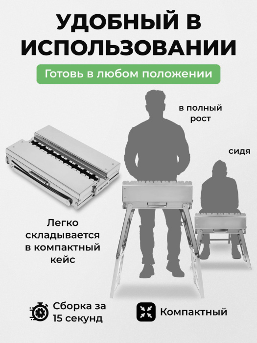 Мангал складной «Дипломат» из нержавейки в наборе с навесными столиками из нержавейки — компактность и размеры