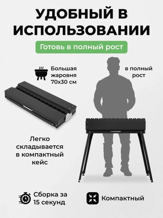 Меганабор мангал складной «Дипломат профи» с крышкой и аксессуарами — компактность и размеры