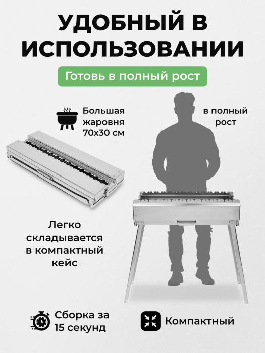 Мангал складной «Дипломат Профи» из нержавейки в наборе с крышкой из нержавейки — компактность и размеры