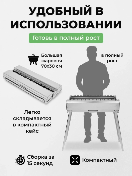 Меганабор мангал складной «Дипломат профи» из нержавейки с крышкой и аксессуарами — компактность и размеры