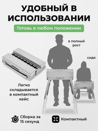 Мангал складной «Дипломат» из нержавейки в наборе с шампурами из нержавейки — компактность и размеры
